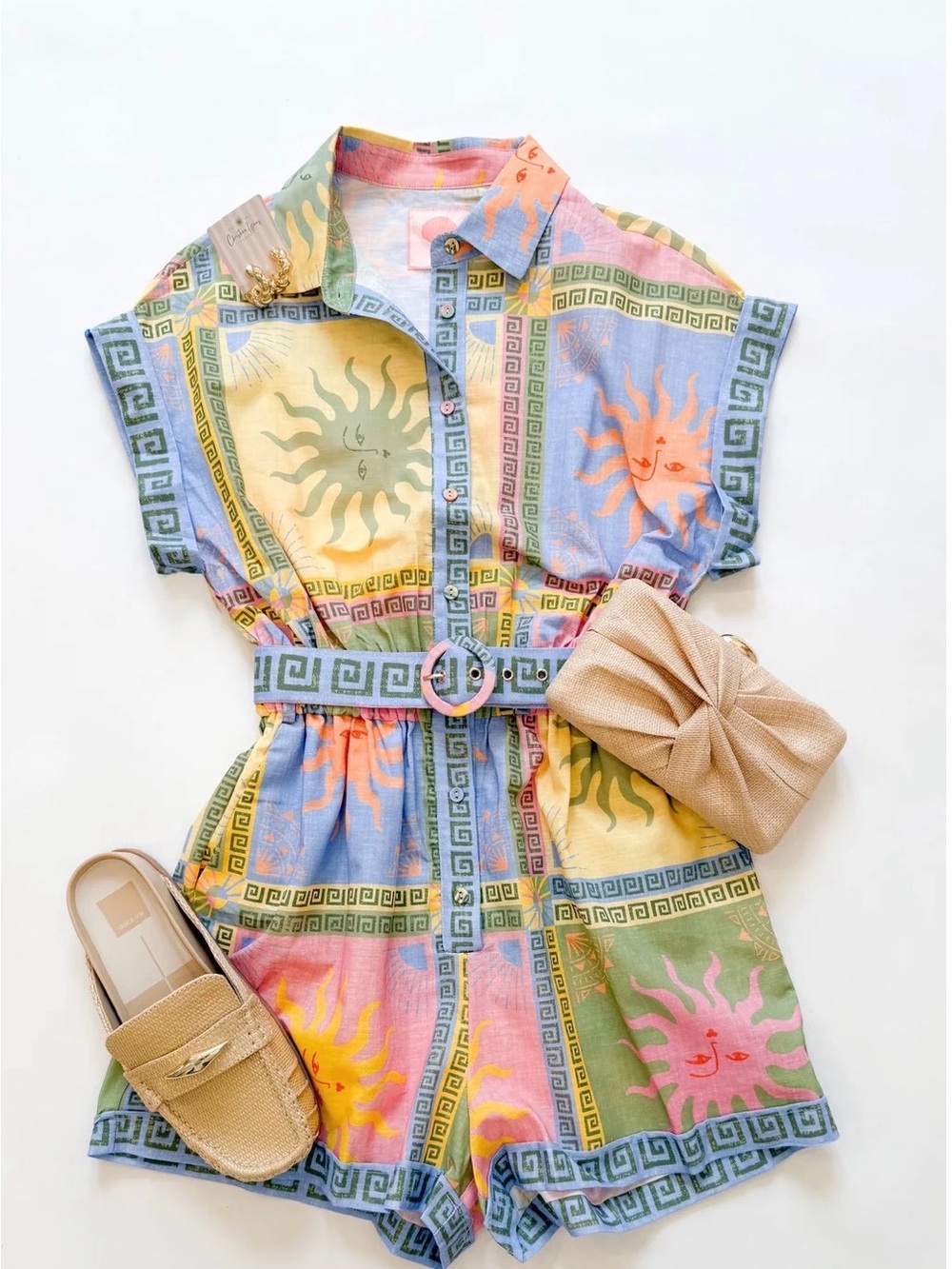NWT Paradisa Rio Multi Linen Blend Sun Print Romper size Large - Picture 2 of 9